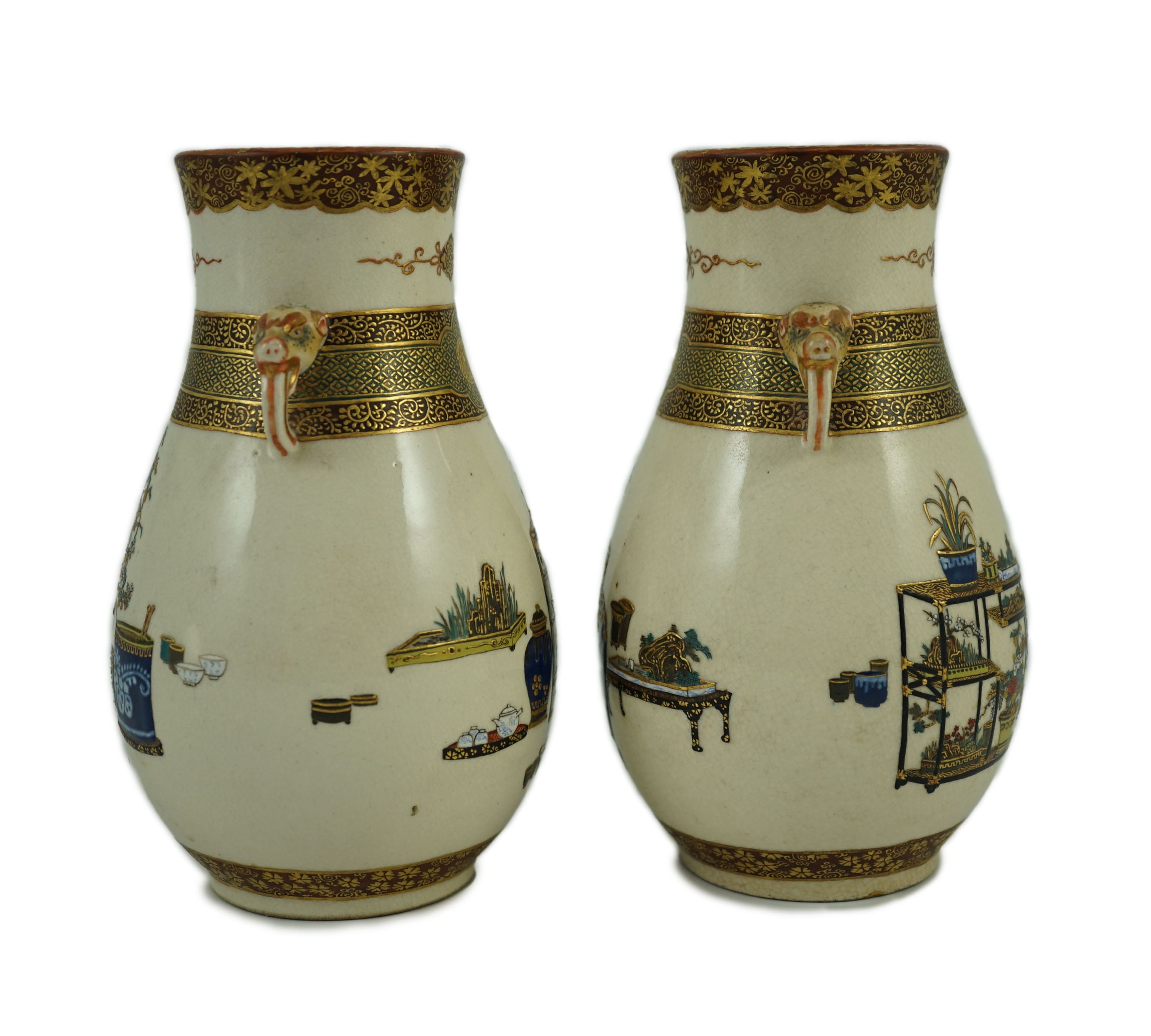 A pair of Japanese Satsuma pottery vases, by Bizan, Meiji period, 18.2cm high